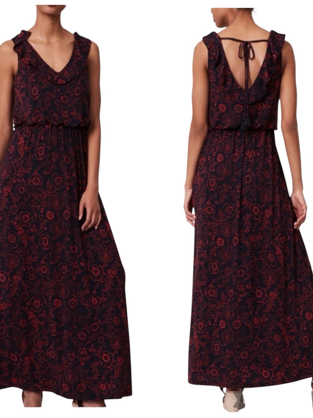 LOFT Navy Red Floral Maxi Dress Sleeveless V Neck Tie Back Small